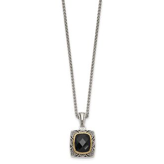 Diamond2Deal Sterling Silver with 14K Accent Checkerboard-cut Black Onyx Pendant Necklace