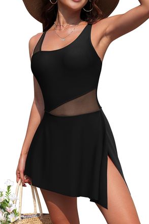 SHEKINI Womens One Piece Swimdress Swimsuit Side Tie Knot Swim Dresses Flattering Bathing Suit with Skirt, Black, XX-Large