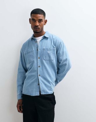 Obey camicia in denim tessuto a maniche lunghe in blu lavaggio chiaro
