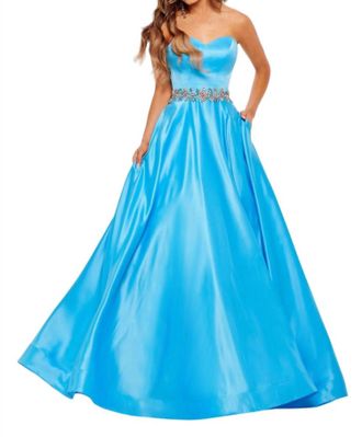 Rachel Allan Strapless Satin Ballgown In Turquoise