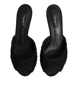 Dolce & Gabbana Womens Black Embroidered Slip On Heels Slides Shoes Co+pl+vi