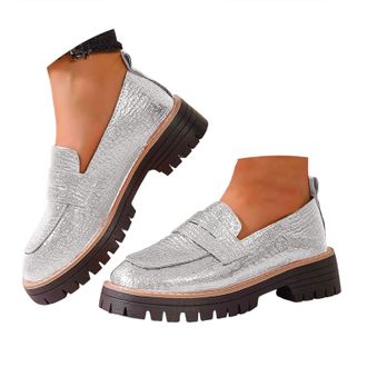 Generic Womens Lug Sole Chunky Loafer Platform Comfortable Slip-On Dressy Business Casual Work Shoes Fashion Round Toe Leather Loafers for Women Lightweight L