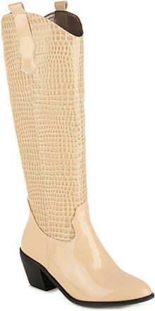 Generic Womens Chunky Heel Knee High Equestrian Boots - Pull On,Autumn/Winter Style,Apricot Fleece,1.5 UK