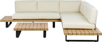 Beliani Conjunto De Sala De Estar Esquinero 5 Plazas De Madera De Acacia Blanco Crema Mesa Mykonos