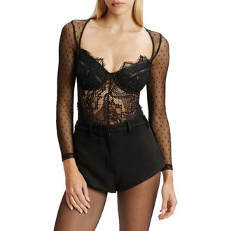 Bardot Farrah Lace & Mesh Bodysuit in Black at Nordstrom, Size 2