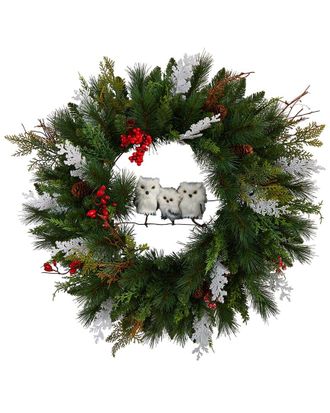 Nearly Natural 24in Holiday Winter Owl Family Pinecone Berry Wreath