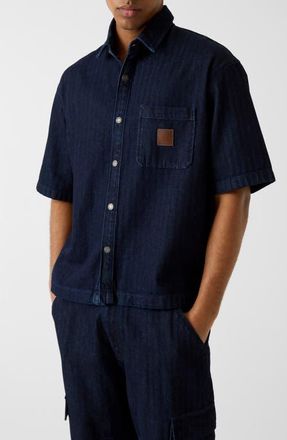 Guess Short Sleeve Oversize Crop Denim Button-Up Shirt in Blue at Nordstrom, Size Xx-Large