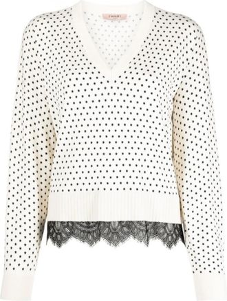 Twinset Romantische trui met sterrenprint en kanten zoom - Dames - V-hals truien - Beige - L - Truien & Vesten