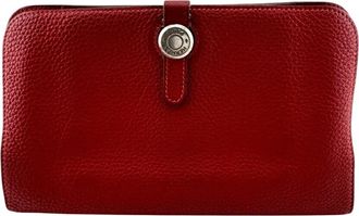 Herm&egrave;s Red Color Taurillon Clemence Leather Long Wallet (Bi-Fold) (Pre-Owned)