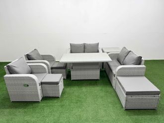 Fimous 9 Seater Outdoor Reclining Chair Love Sofa Set Rattan Garden Furniture Set w/ Adjustable Lifting Dining or Coffee Table 3 Stools Side Table