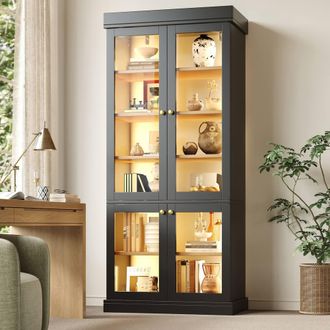 Merax Modern Tall Glass Display Cabinet with Multicolour LED Lighting in Black
