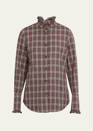 Nili Lotan Elio Ruffle-Trim Cotton Plaid Shirt
