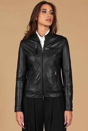 D'Arienzo Giacca biker in pelle nera nappa effetto liscio quattro tasche DArienzo, Seleziona Taglia XXL, Colore Nero