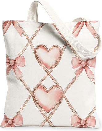Generic Valentines Day Hearts Canvas Tote Bags, Romantic Bow Pattern Reusable Grocery Bags, Lightweight Washable Shoulder Strap Canvas for Shopping Travel 13x
