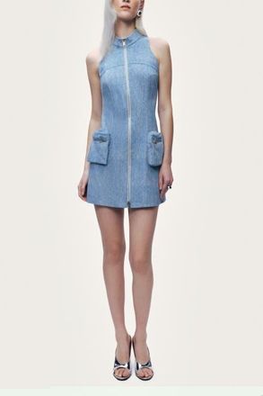 Nocturne Pocket and Stone Detail Halterneck Mini Dress in Blue at Nordstrom, Size X-Small Eu