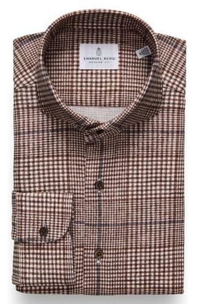 Emanuel Berg Modern Fit Glen Check Stretch Cotton Knit Dress Shirt in Medium Brown at Nordstrom Rack, Size Large/x-Large