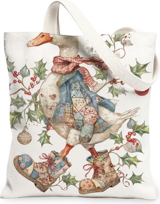 Generic Christmas Goose Canvas Tote Bags, Holiday Bird Design Reusable Grocery Bags, Vintage Lightweight Washable Shoulder Strap Ca, White, 13x15 Inch