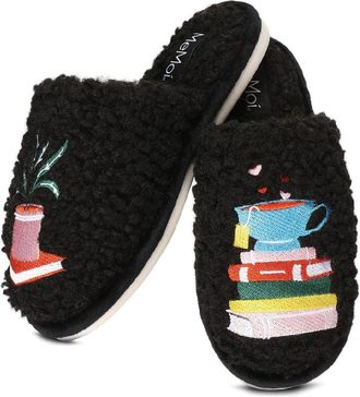 MeMoi Womens Book Club Plush Slippers, Black, Small