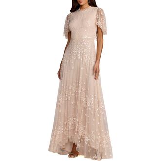 Mac Duggal Womens Sequined High Neck Flutter Sleeve A Line Gown in Blush at Nordstrom, Size 12