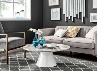 Furniturebox Palma Round Coffee Table with Pedestal Pillar Base & Semi-Matte or High Gloss Finish for Modern Minimalist Industrial Look in Off-White