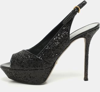 Sergio Rossi Metallic Black Glitter Slingback Platform Sandals