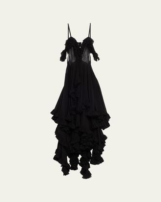 Alexander McQueen Lace-Inset Tiered Ruffle Chiffon Evening Dress