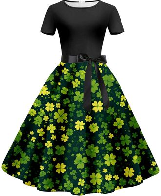 Generic Womens St Patricks Day Short Sleeve Dress Leprechaun Costumes Vintage Green Swing Dress Four Leaf Clover Pattern Costume Irish Dancing Dresses for Fes