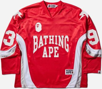 A Bathing Ape Men s Line Camo Jacquard Logo Relaxed Fit Ice Hockey Jersey Red