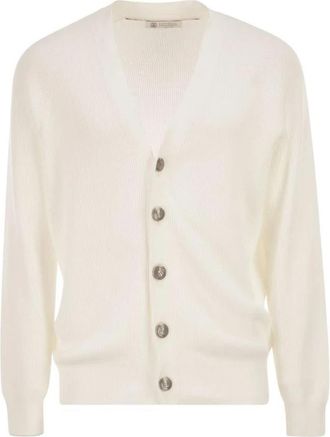 Brunello Cucinelli V-Hals Cardigan met Knopen - Heren - Vesten - Wit - M - Truien & Vesten
