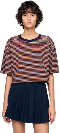 Sandro Striped rhinestone T-shirt in Brown /Deep Blu at Nordstrom, Size X-Small