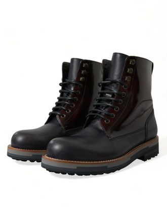 Dolce & Gabbana Mens Black Leather Military Combat Boots Shoes Maroon And Calf