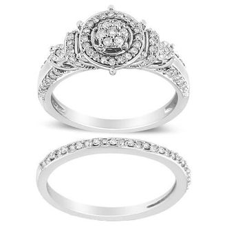 House of Brilliance Silver 1/3 Ctw Diamond 7 Stone and Halo Engagement Ring and Wedding Band Set at Nordstrom, Size 10