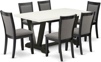 East West Furniture V626MZ650-7 7 Pc Table Set - Linen White Dinner Table with 6 Dark Gotham Grey Parson Chairs - Wire Brushed Black Finish