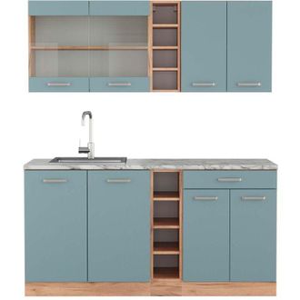 Vicco Cucina completa R-Line, Rovere blu-grigio/oro, 160 cm, pl Marmo