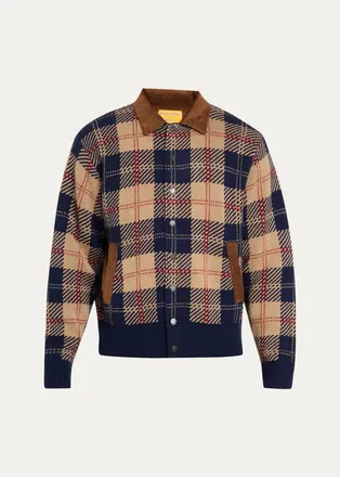 Guest In Residence Mens Plaid Wool-Cashmere Bomber Jacket