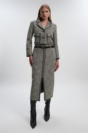 Karen Millen Womens Textured Tweed Belted Tailored Pencil Skirt - Cream Cotton - Size 10 UK