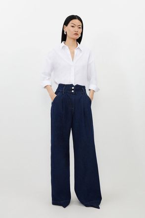 Karen Millen Womens Denim Wide Leg Trousers - Indigo Blue Cotton - Size 12 UK