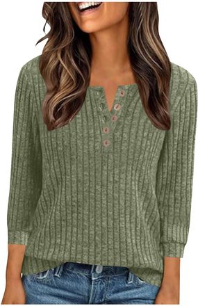 Generic Jumpers for Women Long Sleeve Tops Button V Neck Ladies Ribbed Knitted Top Casual Tunic Sweaters Soft Comfort Womens Pullover Sweatshirts Fall Winter 