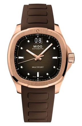 Mido Multifort TV Big Date Automatic Rubber Strap Watch, 39.2mm x 40mm in Brown at Nordstrom