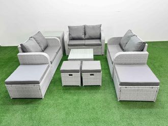 Fimous PE Rattan Love Sofa Set with Coffee Table 4 Footstools Side Table in Light Grey