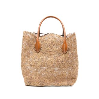 Ermanno Scervino Tote Bags, female, Beige, Size: ONE SIZE Margot Lace-Embroidered Leather-Trim Tote Bag