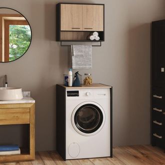 IDMarket Juego de muebles de lavandería WALLIS de haya y negro para lavadora