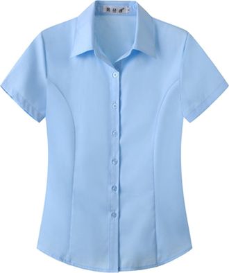 Generic Womens Short Sleeve Work T Shirts Plain Stretch Formal Dress Shirts Slim Fit Button Up Reverse Collar Tailored Oxford Shirts Easy Care Non Iron Casual