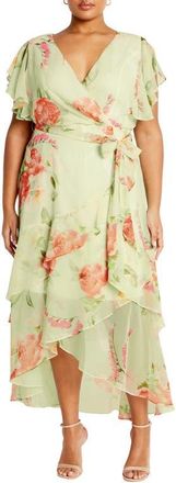 City Chic Floral High Low Faux-Wrap Dress in Petal Print at Nordstrom, Size Xs
