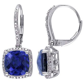 Amour 6 1/2 CT TGW Created Blue Sapphire and 1/5 CT TW Diamond Leverback Halo Earrings In Sterling Silver