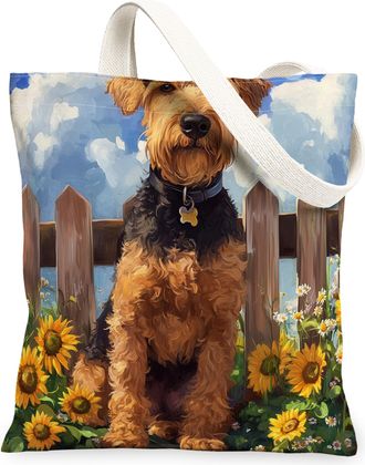 Generic Spring Airedale Terrier Dog Canvas Tote Bag for Shopping 13x15, Sunflower Fence Puppy Reusable Grocery Print Bag for Women, Farmhouse Pet Beach Aesthe