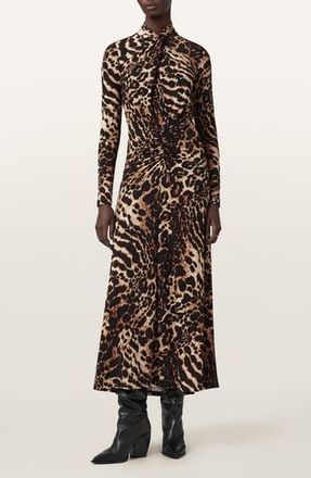 AllSaints Mina Ruched Print Long Sleeve Maxi Dress in Pardus Honey Brown at Nordstrom Rack, Size 12 Us / 16 Uk
