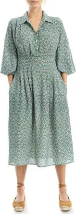 Max Studio Balloon Sleeve Midi Shirtdress in Green/Cream at Nordstrom Rack, Size X-Large