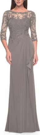 La Femme Long Evening Gown with Lace Illusion Sleeves and Neckline in Platinum at Nordstrom, Size 16