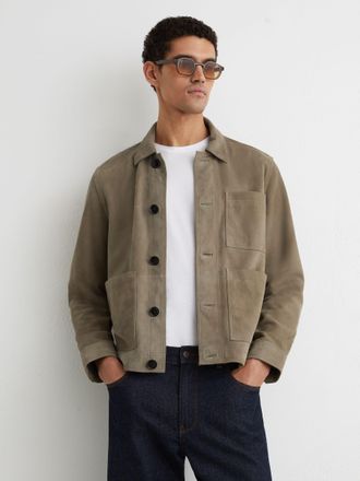 Reiss Soft Sage Green Suede Patch-pocket Worker Jacket, XL